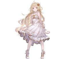 Rule 34 | 1girl, arms behind back, bare shoulders, blonde hair, bracelet, choker, closed mouth, dress, full body, granblue fantasy, hair ornament, jewelry, long hair, mika (granblue fantasy), minaba hideo, official art, shoes, smile, solo, third-party source, transparent background, white choker, white dress, white footwear