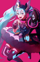 Rule 34 | 1girl, aqua hair, black thighhighs, blue eyes, bow, bowtie, clenched hands, dress, fang, gloves, hair between eyes, hand up, hat, hatsune miku, highres, jumping, leg up, lone nape hair, magical mirai (vocaloid), magical mirai miku, magical mirai miku (2019), microphone wand, mini hat, mini top hat, nunosei, open mouth, outstretched arm, pink background, pink bow, pink bowtie, simple background, smile, solo, thighhighs, top hat, twintails, vocaloid, white gloves, white hat, zettai ryouiki