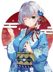 Rule 34 | 1girl, ;), absurdres, bad id, bad pixiv id, bell, blue flower, blue kimono, blush, breasts, closed mouth, commentary request, floral print, flower, geranium, green eyes, hair between eyes, hair flower, hair ornament, highres, holding, holding stick, hololive, japanese clothes, jingle bell, kimono, kurogane tekki, large breasts, lisianthus (flower), looking at viewer, one eye closed, red ribbon, ribbon, shirogane noel, shirogane noel (new year), short hair, silver hair, smile, solo, stick, upper body, virtual youtuber, white background, white flower, wide sleeves