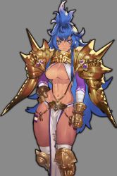 Rule 34 | 1girl, abs, armor, bandaged arm, bandages, black outline, blue eyes, blue hair, bracelet, bright pupils, character request, closed mouth, commission, eyelashes, final fantasy, final fantasy brave exvius, frown, gem, gold armor, gradient hair, greaves, grey background, grey thighhighs, hair between eyes, hamama2, hand on own hip, highres, jewelry, leg tattoo, long eyelashes, long hair, looking at viewer, multicolored hair, navel, outer glow, outline, pauldrons, pink hair, purple gemstone, shoulder armor, simple background, skeb commission, skindentation, solo, spiked bracelet, spikes, tattoo, thighhighs, very long hair, war of the visions: final fantasy brave exvius, white pupils