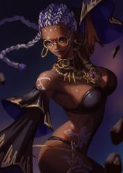 Rule 34 | 1girl, body markings, braid, breasts, cleavage, clothing cutout, dark-skinned female, dark skin, dolores (kof), earrings, glasses, green eyes, dreadlocks, high heels, jewelry, large breasts, long hair, multicolored hair, necklace, phamoz, solo, stomach cutout, tattoo, the king of fighters, the king of fighters xv, two-tone hair, very dark skin