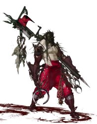 Rule 34 | 1boy, absurdres, black hair, blood, blood on ground, boots, brown hair, elbow gloves, full body, gargoyle, gloves, heez031, highres, huge weapon, long hair, mask, original, pants, pointy ears, red pants, solo, standing, weapon, yellow eyes