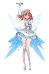 Rule 34 | arm up, bare shoulders, brown hair, destiny child, dress, flower, frilled dress, frills, fur-trimmed legwear, fur trim, hair flower, hair ornament, microphone, neptune (destiny child), pink eyes, smile, tagme, thigh strap, thighhighs, transparent background, transparent wings, white dress