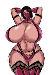Rule 34 | 1girl, arms behind head, arms up, black hair, breasts, cleavage, cowboy shot, curvy, huge breasts, looking at viewer, mask, mileena (mortal kombat), momijizx, mortal kombat (series), mouth mask, navel, short hair, slit pupils, solo, thick thighs, thighhighs, thighs, white background, wide hips, yellow eyes