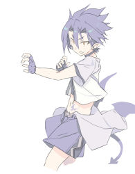 Rule 34 | 1boy, blade (galaxist), blue hair, choker, commentary, commentary request, demon boy, demon tail, demon wings, fighting stance, fingerless gloves, gloves, grin, hair between eyes, male focus, midriff, navel, aged up, pop-up story, shorts, simple background, smile, solo, tail, white background, wings, yellow eyes, ziz glover