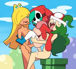 Rule 34 | 3girls, ?, absurdres, anal, blonde hair, blush, clothed female nude female, clothed sex, cum, cum in ass, cum in pussy, double penetration, drooling, futa with female, futanari, genderswap, genderswap (mtf), green eyes, green hair, grin, heart, heart-shaped pupils, highres, hood, koopa troopa, long hair, mario (series), mask, miscon, multiple girls, nintendo, nude, open mouth, penis, piranha plant, sex, short hair, shy gal, smile, super mario bros. 1, symbol-shaped pupils, thighhighs, tongue, tongue out, vaginal, white legwear