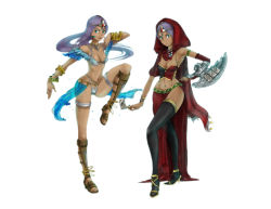 Rule 34 | 2girls, bikini, blue eyes, boots, bracelet, breasts, bridal gauntlets, cape, card, chunsoft, circlet, cleavage, dark skin, dark-skinned female, dragon quest, dragon quest iv, duel disk, earrings, enix, final fantasy, final fantasy tactics, gloves, holding, holding card, hood, jewelry, long hair, manmaru-sue, manya (dq4), minea (dq4), multiple girls, necklace, odin sphere, pelvic curtain, purple hair, ring, siblings, single glove, sisters, swimsuit, thigh strap, thighhighs, twins, yu-gi-oh!, yu-gi-oh! duel monsters