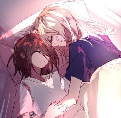 Rule 34 | 2girls, bandage on face, bandages, brown hair, closed eyes, commentary, from above, girls band cry, hashtag-only commentary, hibioes, highres, iseri nina, kawaragi momoka, light brown hair, long hair, medium hair, morning, multicolored hair, multiple girls, on bed, parted lips, purple shirt, roots (hair), shirt, short sleeves, sleeping, under covers, upper body, white shirt, yuri
