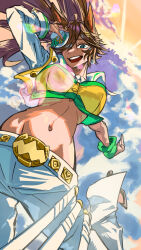Rule 34 | 1girl, adjusting clothes, adjusting headwear, ahoge, animal ears, belt, breasts, brown hair, cloud, cloudy sky, commentary request, crop top, cropped jacket, floating hair, foot out of frame, green eyes, groin, hair ornament, hair over one eye, hairclip, hat, high heels, highres, horse ears, horse girl, jacket, large breasts, lens flare, light rays, long hair, looking at viewer, midair, midriff, mini hat, mini top hat, mr. c.b. (umamusume), navel, one eye covered, open clothes, open jacket, open mouth, orange sky, pants, rakugaki shiho, ribs, single sleeve, sky, smile, solo, sun, sunbeam, sunlight, sweatband, tilted headwear, top hat, umamusume, white jacket, white pants