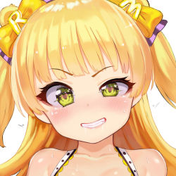 Rule 34 | 1girl, atg (wttoo0202), blonde hair, blunt bangs, blush, bow, commentary request, green eyes, grin, hair bow, half-closed eye, heart, heart-shaped pupils, highres, idolmaster, idolmaster cinderella girls, jougasaki rika, long hair, looking at viewer, saliva, simple background, smile, solo, sparkling eyes, sweat, symbol-shaped pupils, two side up, uneven eyes, upper body, white background, yellow bow