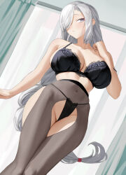 Rule 34 | 1girl, bare shoulders, blue eyes, blush, bra, braid, breasts, collarbone, covered navel, genshin impact, grey hair, hair ornament, hair over one eye, highres, lace, lace-trimmed bra, lace trim, large breasts, liangfen, long hair, looking at viewer, low-braided long hair, low-tied long hair, shenhe (genshin impact), solo, thighs, thong, underwear, very long hair