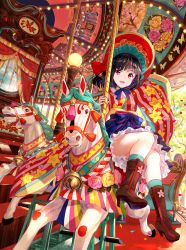 Rule 34 | 1girl, :d, animal print, arm behind head, bell, black hair, blue ribbon, bonnet, boots, bow, brown footwear, butterfly print, carousel, commentary request, confetti, floral print, flower, frilled skirt, frills, fuzichoco, hat, hat bow, high heel boots, high heels, highres, horse, horseback riding, japanese clothes, jingle bell, kimono, long hair, long sleeves, looking at viewer, neck ribbon, open mouth, original, pink eyes, pink flower, pink rose, red bow, ribbon, riding, rose, sitting, skirt, smile, socks, solo, striped clothes, striped kimono, teeth, vertical-striped clothes, vertical-striped kimono, wide sleeves, yellow flower, yellow rose