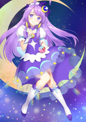 Rule 34 | 1girl, ahoge, blue eyes, blunt bangs, blush, boots, bow, choker, commentary, crescent, crescent earrings, crescent hair ornament, crescent moon, cure selene, dress, earrings, full body, hair bow, hair ornament, jewelry, kaguya madoka, knee boots, long hair, looking away, magical girl, maid headdress, moon, night, night sky, open mouth, precure, puffy short sleeves, puffy sleeves, purple dress, purple hair, short sleeves, sidelocks, sky, smile, solo, star (sky), star (symbol), star twinkle precure, starry sky, swept bangs, teeth, unya (unya-unya), wrist cuffs