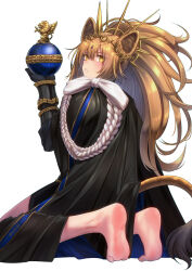 1girl aiguillette animal_ears arknights barefoot black_cape black_gloves blonde_hair cape commentary_request crown foot_focus from_behind gloves highres kneeling lion_ears lion_girl lion_tail long_hair looking_at_viewer looking_back ponytail siege_(arknights) simple_background soles solo tail toes vambraces vina_victoria_(arknights) white_background yamauchi_(conan-comy) yellow_eyes