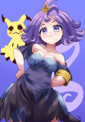 Rule 34 | 1girl, :3, acerola (pokemon), blue eyes, blush, breasts, cleavage, closed mouth, commentary, creatures (company), dress, english commentary, game freak, gen 7 pokemon, hands on own hips, highres, looking at viewer, mimikyu, multicolored clothes, multicolored dress, nintendo, pokemon, pokemon (creature), purple hair, rion (user ufvg8527), short hair