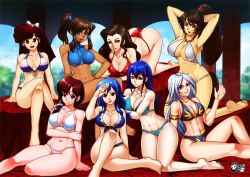 Rule 34 | 6+girls, abs, akali, akali (legacy), all fours, arm support, armpits, arms behind head, arms up, asami sato, ashe (league of legends), avatar legends, bikini, black eyes, blue eyes, blue hair, grabbing another&#039;s breast, breasts, brown eyes, brown hair, cleavage, colored skin, crossed legs, curvy, dark-skinned female, dark skin, fairy tail, frilled bikini, frills, front-tie top, grabbing, green eyes, harem, huge breasts, jadenkaiba, juvia lockser, kneeling, korra, kuonji ukyou, league of legends, long hair, looking at viewer, multiple girls, navel, open mouth, parted lips, ponytail, ranma 1/2, shiny skin, sitting, smile, source request, swimsuit, tendou kasumi, the legend of korra, wendy marvell, white hair, white skin, wide hips