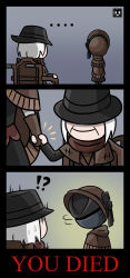 Rule 34 | !?, ..., 2boys, 3koma, alternate costume, bloodborne, bonnet, colorized, comic, commentary, english commentary, english text, gehrman the first hunter, gloves, hat, highres, hunter (bloodborne), lee-sanixay, multiple boys, plain doll, scarf, silent comic, sitting, smile, sweatdrop, top hat, tug, wheelchair, white hair