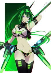 Rule 34 | 10s, 1girl, armor, artist name, bare shoulders, breasts, chromatic aberration, cleavage, crop top, female focus, green hair, green heart (neptunia), headgear, horns, large breasts, long hair, navel, neptune (series), next green, power symbol, power symbol-shaped pupils, purple eyes, shin jigen game neptune vii, single horn, smile, solo, standing, symbol-shaped pupils, vert (neptunia), very long hair, yurax-mae