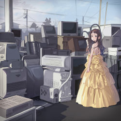 Rule 34 | 1girl, backless dress, backless outfit, black hair, blue sky, blunt bangs, blush, building, cloud, cloudy sky, computer, day, dress, from behind, hechima (issindotai), long hair, machine, monitor, original, outdoors, power lines, sky, solo, standing, strapless, strapless dress, tree, wide shot, yellow dress