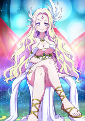 Rule 34 | 1girl, blonde hair, blue eyes, braid, breasts, cleavage, dress, elf, forehead jewel, hair ornament, large breasts, long hair, looking at viewer, multicolored eyes, no game no life, official art, pointy ears, purple eyes, sitting, smile, solo, symbol-shaped pupils, sync nilvalen, think nirvalen, very long hair