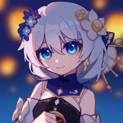 Rule 34 | 1girl, bare shoulders, black dress, blue eyes, blue flower, blurry, blurry background, closed mouth, depth of field, dress, eyebrows hidden by hair, flower, grey hair, hair between eyes, hair flower, hair ornament, hand up, highres, honkai (series), honkai impact 3rd, long hair, looking at viewer, qiu youyou, sleeveless, sleeveless dress, smile, solo, theresa apocalypse, zhuge kongming (honkai impact), upper body, white flower, zhuge kongming (honkai impact)