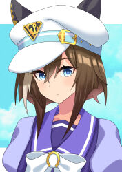 Rule 34 | 1girl, animal ears, blue eyes, bow, breasts, brown hair, cheval grand (umamusume), closed mouth, commentary request, ear covers, hair between eyes, hat, highres, horse ears, horse girl, medium breasts, medium hair, mihe, multicolored hair, peaked cap, portrait, puffy short sleeves, puffy sleeves, purple bow, purple shirt, sailor collar, school uniform, shirt, short sleeves, simple background, solo, streaked hair, summer uniform, tracen school uniform, umamusume, upper body, white background, white hair, white hat