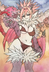 Rule 34 | 1girl, animal ear fluff, animal ears, animal hands, bat wings, bikini, breasts, claws, cleavage, fur, heart, highres, large breasts, looking at viewer, manticore (monster girl encyclopedia), midriff, monster girl, monster girl encyclopedia, pink eyes, pink hair, sideboob, simple background, solo, swimsuit, tail, thighs, underboob, wings