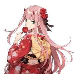 Rule 34 | 10s, 1girl, aiko (kanl), aqua eyes, bad id, bad twitter id, darling in the franxx, eyeshadow, floral print, flower, hair flower, hair ornament, holding, horns, japanese clothes, kimono, long sleeves, looking at viewer, looking back, makeup, obi, pink hair, sash, simple background, solo, straight hair, upper body, white background, yukata, zero two (darling in the franxx)