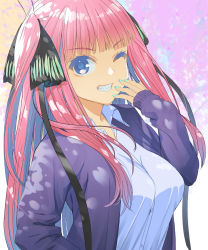 Rule 34 | 1girl, :d, black ribbon, blue eyes, blunt bangs, breasts, butterfly hair ornament, cardigan, go-toubun no hanayome, hair ornament, highres, hirokiku, large breasts, long hair, nail polish, nakano nino, open cardigan, open clothes, open mouth, pink hair, purple cardigan, ribbon, sleeves past wrists, smile, twintails