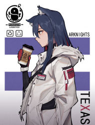 Rule 34 | 1girl, absurdres, animal ears, arknights, black gloves, blue hair, brown eyes, cat ears, closed mouth, coffee cup, copyright name, cup, disposable cup, expressionless, from side, gloves, hand in pocket, hanenosaki, highres, holding, holding cup, id card, long hair, long sleeves, looking away, multicolored clothes, multicolored gloves, multicolored hair, official alternate costume, red gloves, red hair, solo, streaked hair, texas (arknights), texas (winter messenger) (arknights)