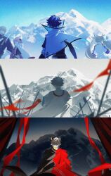 Rule 34 | 1girl, 3boys, absurdres, age progression, astolfo (fate), battlefield, black cape, black hair, blue sky, bradamante (fate), braid, braided ponytail, cape, capelet, charlemagne (fate), day, faceless, faceless male, fate/grand order, fate (series), from behind, grey hair, hands on own hips, highres, idass (idass16), mountain, multicolored hair, multiple boys, multiple views, night, night sky, outdoors, pink hair, planted, planted spear, polearm, red cape, shirt, short hair, sky, spear, star (sky), starry sky, time lapse, twintails, two-tone cape, two-tone hair, upper body, weapon, white cape, white capelet, white shirt