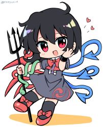 Rule 34 | 1girl, :d, ahoge, asymmetrical wings, black dress, black hair, black legwear, blue wings, bow, chibi, dress, footwear bow, full body, heart, highres, holding, holding polearm, holding weapon, houjuu nue, looking at viewer, open mouth, polearm, ramudia (lamyun), red bow, red eyes, red wings, short hair, short sleeves, simple background, smile, snake armband, solo, touhou, trident, twitter username, weapon, white background, wings