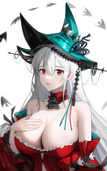 Rule 34 | 1girl, absurdres, aqua headwear, arknights, bare shoulders, breasts, choker, cleavage, commentary request, dress, highres, large breasts, long hair, long sleeves, looking at viewer, off-shoulder dress, off shoulder, parted lips, red choker, red dress, red eyes, simple background, skadi (arknights), skadi the corrupting heart (arknights), solo, upper body, very long hair, white background, white hair, yuuki mix