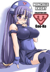 Rule 34 | 00s, 1girl, bare shoulders, blush, breasts, fingerless gloves, glasses, gloves, gluko, headset, huge breasts, long hair, mon colle knights, open mouth, purple eyes, purple hair, rokumon tengai mon colle knight, sitting, solo, thighhighs, tonpuu