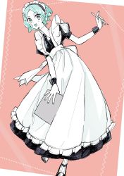Rule 34 | 1other, :d, androgynous, apron, aqua eyes, aqua hair, clipboard, collared shirt, colored skin, dress, ears visible through hair, high collar, highres, holding, holding clipboard, holding pencil, houseki no kuni, lace-trimmed apron, lace trim, leaning to the side, maid, maid apron, maid headdress, nail polish, necktie, nogarenano, open mouth, parted bangs, pencil, phosphophyllite, puffy short sleeves, puffy sleeves, shirt, short hair, short sleeves, smile, solo, suspenders, white skin, wrist cuffs