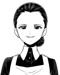 Rule 34 | 1girl, absurdres, apron, black dress, collared dress, dress, greyscale, hair bun, hair net, hair pulled back, halftone, highres, isabella (yakusoku no neverland), looking at viewer, monochrome, parted lips, portrait, simple background, smile, solo, straight-on, white apron, white background, yakusoku no neverland, ziburikito