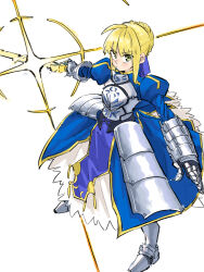 Rule 34 | 1girl, ahoge, armor, armored boots, armored dress, artoria pendragon (all), artoria pendragon (fate), blonde hair, blue dress, blue ribbon, boots, dress, excalibur (fate/stay night), fate/stay night, fate (series), faulds, fighting stance, gauntlets, green eyes, hair bun, hair ribbon, highres, holding, holding sword, holding weapon, looking at viewer, ribbon, saber (fate), serious, sidelocks, simple background, sketch, solo, sword, tenoo12, weapon, white background