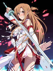 Rule 34 | 10s, 1girl, armor, armored dress, ass, asuna (sao), bad anatomy, bare shoulders, blush, bra, breastplate, broken armor, brown eyes, brown hair, clenched teeth, commentary request, cowboy shot, detached sleeves, dress, highres, ishii takamori, long hair, looking at viewer, nose blush, panties, pink bra, pink panties, rapier, solo, sword, sword art online, teeth, thighhighs, torn clothes, torn dress, torn panties, underwear, weapon, white thighhighs