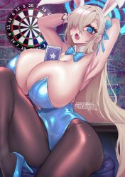 Rule 34 | 1girl, :o, animal ears, arm up, armpits, asuna (blue archive), asuna (bunny) (blue archive), bar (place), bar stool, bare shoulders, black pantyhose, blue archive, blue footwear, bow, bowtie, breasts, brick wall, card, collarbone, dartboard, detached collar, gloves, hair bow, hair over one eye, halo, hand up, high heels, highres, huge breasts, kneeling, leotard, long hair, looking at viewer, mole, mole on breast, official alternate costume, osiimi, pantyhose, playboy bunny, playing card, rabbit ears, sidelocks, sitting, sleeveless, smile, solo, standing, stool, upper body, white gloves