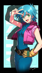 Rule 34 | 1girl, allenby beardsley, belt, black belt, black border, blue bodysuit, blue hair, bodysuit, border, breasts, character name, commentary, cowboy shot, cropped jacket, dated, drop shadow, english commentary, g gundam, gem, gloves, green eyes, green gemstone, gundam, hair between eyes, hand on own hip, jacket, jewelry, light blue background, light blue hair, looking at viewer, necklace, open clothes, open jacket, open mouth, pink jacket, short hair, signature, simple background, single glove, sleeveless, sleeveless jacket, small breasts, smile, solo, standing, turtleneck, turtleneck bodysuit, v, v-shaped eyebrows, werkbau, yellow gloves