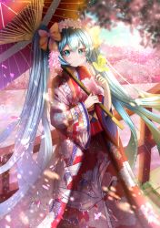 Rule 34 | 1girl, alternate costume, animal print, aqua eyes, aqua hair, bird, bird on hand, bird print, blush, bow, cherry blossoms, closed mouth, cloud, cloudy sky, day, floral print, flower, hair between eyes, hair bow, hair flower, hair ornament, hairband, hatsune miku, highres, holding, holding umbrella, japanese clothes, kimono, layered clothes, layered kimono, light particles, long hair, looking at viewer, naramiyaya, oil-paper umbrella, outdoors, plant, railing, red kimono, river, sky, smile, solo, sparkle, standing, stone floor, tree, twintails, uchikake, umbrella, very long hair, vocaloid, yellow bow