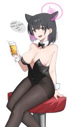 Rule 34 | 1girl, absurdres, alternate costume, animal ears, black hair, black leotard, black pantyhose, blue archive, blush, breasts, cat ears, chair, colored inner hair, cup, detached collar, extra ears, feet out of frame, halo, happy05x, highres, holding, holding cup, kazusa (blue archive), leotard, looking at viewer, medium breasts, multicolored hair, open mouth, pantyhose, pink hair, pink halo, playboy bunny, red eyes, short hair, sideboob, simple background, sitting, smile, solo, strapless, strapless leotard, white background, wrist cuffs