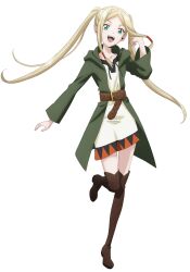 Rule 34 | 1girl, black shorts, blonde hair, blue eyes, boots, dress, green jacket, hand up, ishura, jacket, kia (ishura), long hair, looking at viewer, open clothes, open jacket, open mouth, shorts, smile, tongue, transparent background, very long hair, white dress