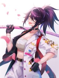 Rule 34 | 1girl, absurdres, belt, black belt, black choker, black gloves, black hair, blue hair, breasts, chest sarashi, choker, cleavage, collarbone, commentary, delinquent, english commentary, gloves, gudanco (nyanmeowzer), highres, holding, holding sword, holding weapon, indie virtual youtuber, jacket, kson, large breasts, looking at viewer, mole, mole under eye, multicolored hair, navel, pants, ponytail, sarashi, solo, souchou, streaked hair, studded choker, sukeban, sword, tongue, tongue out, virtual youtuber, weapon, white jacket, white pants