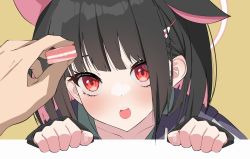 Rule 34 | 1girl, 1other, animal ears, black hair, blue archive, food, hato haru, kazusa (blue archive), macaron, red eyes, short hair, twitter, white background