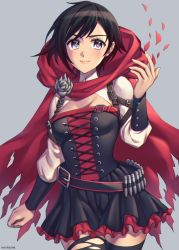 Rule 34 | 1girl, ammunition belt, belt, black hair, black thighhighs, breasts, cape, cleavage, closed mouth, colored tips, corset, cowboy shot, frills, grey eyes, highres, hood, kio rojine, lips, multicolored hair, petals, pleated skirt, red cape, red hair, red hood, ruby rose, rwby, short hair, skirt, small breasts, solo, suspenders, thighhighs, torn cape, torn clothes, torn thighhighs, wrist cuffs, zettai ryouiki
