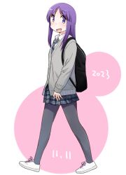 Rule 34 | 1girl, :d, backpack, bag, black bag, cardigan, collared shirt, commentary request, dated, diagonal-striped clothes, diagonal-striped necktie, from side, full body, grey cardigan, grey pantyhose, happy, hinata yukari, katatsuka kouji, light blush, long hair, long sleeves, looking at viewer, looking to the side, miniskirt, necktie, open mouth, pantyhose, pink background, plaid, plaid skirt, pleated skirt, purple eyes, purple hair, school bag, school uniform, shirt, shoes, skirt, smile, solo, split mouth, standing, striped clothes, striped necktie, two-tone background, white background, white footwear, white shirt, yuyushiki