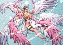 Rule 34 | 1girl, angel, angel girl, angewomon, armor, belt, breastplate, breasts, chuckuddin, cleavage, clothing cutout, curvy, digimon, full body, head wings, helmet, highres, large breasts, lips, long hair, looking at viewer, mask, midriff, multiple wings, navel, navel cutout, revealing clothes, simple background, smile, sweat, thighhighs, wide hips, winged helmet, wings