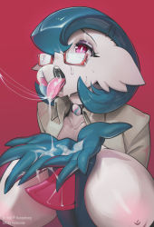 Rule 34 | 1girl, absurdres, after fellatio, alternate color, black bra, blue hair, bob cut, bra, breasts, choker, creatures (company), cum, cum bubble, cum in mouth, cum on hands, cupping hands, dr. voir (nanosheep), feliscede, game freak, gardevoir, gen 3 pokemon, glasses, hair ornament, hairclip, hairpin, highres, lab coat, large breasts, makeup, mega stone, nintendo, nipples, open clothes, open mouth, open shirt, own hands together, pokemon, pokemon (creature), red-framed eyewear, red background, red eyes, semi-rimless eyewear, simple background, solo, third-party edit, tongue, tongue out, underwear