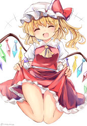 Rule 34 | 1girl, ^ ^, ascot, blonde hair, bow, closed eyes, clothes lift, commentary request, crystal, fang, flandre scarlet, frilled shirt collar, frilled skirt, frilled sleeves, frills, hat, hat ribbon, highres, lifted by self, medium hair, mob cap, one side up, open mouth, panties, puffy short sleeves, puffy sleeves, ramudia (lamyun), red bow, red ribbon, red skirt, red vest, ribbon, shirt, short sleeves, simple background, skirt, skirt lift, skirt set, smile, solo, touhou, underwear, vest, white background, white hat, white panties, white shirt, wings, wrist cuffs, yellow ascot